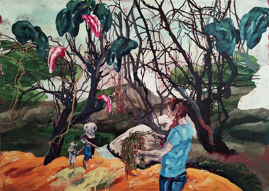 Pooneh Oshidari , The Family, Dream of motherland series, 2024, relief ink on paper, 70 x 100 cm